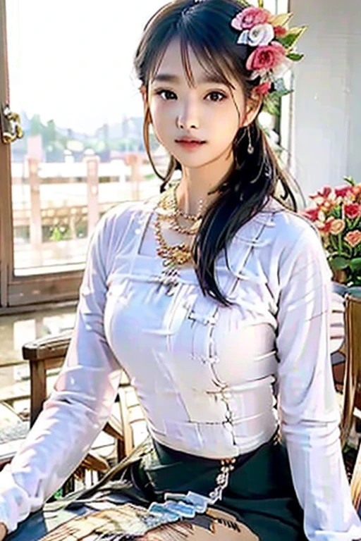 MMTD Burmese patterned traditional dress lady full body details, nice face, fair skin, traditional royal white dress, wearing Parel necklaces, traditional hair style, long scarf on shoulder, sitting on traditional style golden chair look like throne, traditional water jar , cup on tray on a classic table nearby, best composition, full view covered shot, cenimatic lightning and ultra realistic details, octane rendering, sharp focus, unreal engine,32k hd resolution, masterpiece of photography, prize winning award level picture, perfect anatomy