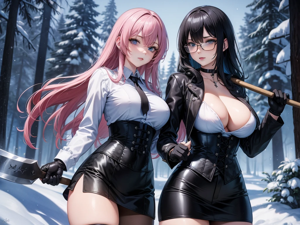 Masterpiece, Beautiful art, professional artist, 8k, art style by sciamano240, Very detailed face, Detailed clothing, detailed fabric, 2 girls, perfectly drawn body, big breasts, fighting pose, beautiful face, long hair, blue eyes, very detailed eyes, pink cheeks, shy expression, glasses, choker:1.6, (long sleeve white collar buttoned shirt), black gloves, gloves covering hands, (holding an ax in the right hand), (black leather corset), (shiny black leggings), (black miniskirt), sensual lips , evening de invierno, show details in the eyes, view from front, looking at the viewer, snowy trail, Snowy forest, evening, Atmosphere, snow