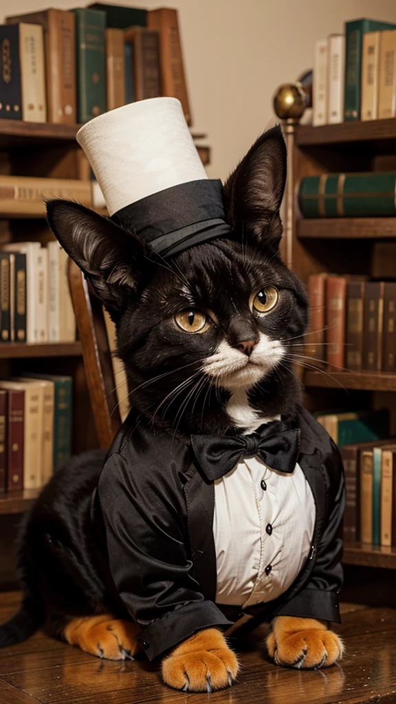 a cute fat orange cat wearing a top hat and monocle, score_9, score_8_up, score_7_up, score_6_up, score_5_up, score_4_up,UHD,
adorable cat-like creature big eyes, Victorian, smart, library, monocle, monocle left eye, cigare
