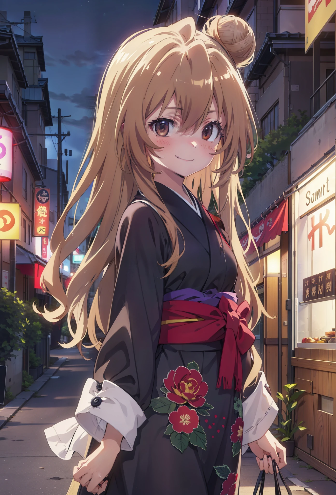 taiga aisaka, taiga aisaka, Long Hair, Brown Hair, Brown eyes,happy smile, smile, Close your mouth,Hair Bun, single Hair Bun,Black kimono,Thick sleeves,,Japanese Festivals,Summer festival food stalls,Red lantern,night,As if your whole body is in the illustration,Walking, break looking at viewer, Upper Body (Cowboy Shot:1. 5),
break outdoors, Area,
break (masterpiece:1.2), Highest quality, High resolution, unity 8k wallpaper, (shape:0.8), (Beautiful attention to detail:1.6), Highly detailed face, Perfect lighting, Highly detailed CG, (Perfect hands, Perfect Anatomy),