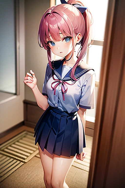 A beautiful 17-year-old girl with a slender figure、Pink hair in a ponytail、blue eyes、White blouse with sailor collar、Blue ribbon、Japanese school girl uniform、Blue knee-length pleated skirt、Standing in front of the bed in the nurse&#39;s office、Background partitioned with white curtains、She is rolling up her uniform skirt with her hands to show her panties.、Tears and an embarrassed face、Blushed cheeks、A lovely face with a hint of innocence、Beautiful girl erotic game style、Detailed Description、High resolution、Soft lighting、Realistic texture