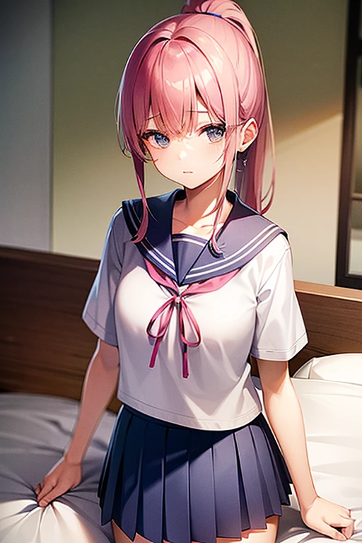 A beautiful 17-year-old girl with a slender figure、Pink hair in a ponytail、blue eyes、White blouse with sailor collar、Blue ribbon、Japanese school girl uniform、Blue knee-length pleated skirt、Standing in front of the bed in the nurse&#39;s office、Background partitioned with white curtains、She is rolling up her uniform skirt with her hands to show her panties.、Tears and an embarrassed face、Blushed cheeks、A lovely face with a hint of innocence、Beautiful girl erotic game style、Detailed Description、High resolution、Soft lighting、Realistic texture