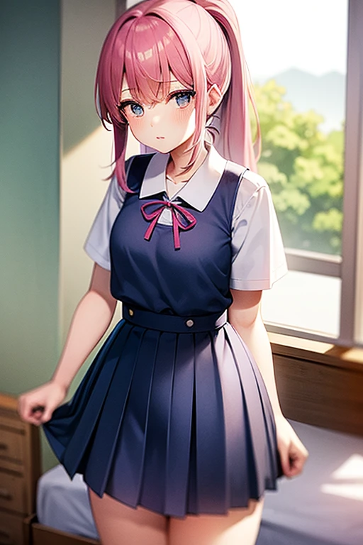 A beautiful 17-year-old girl with a slender figure、Pink hair in a ponytail、blue eyes、White blouse with sailor collar、Blue ribbon、Japanese school girl uniform、Blue knee-length pleated skirt、Standing in front of the bed in the nurse&#39;s office、Background partitioned with white curtains、She is rolling up her uniform skirt with her hands to show her panties.、Tears and an embarrassed face、Blushed cheeks、A lovely face with a hint of innocence、Beautiful girl erotic game style、Detailed Description、High resolution、Soft lighting、Realistic texture