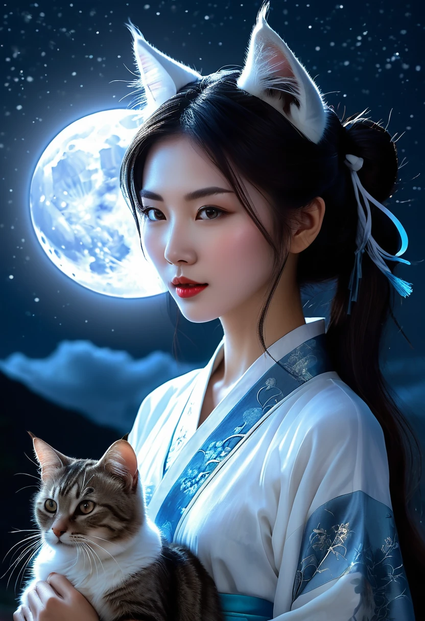 Apparition ,Girl, Cat ear, Beautiful oriental woman, Moonlit Night Background , Realistic Women, lovely