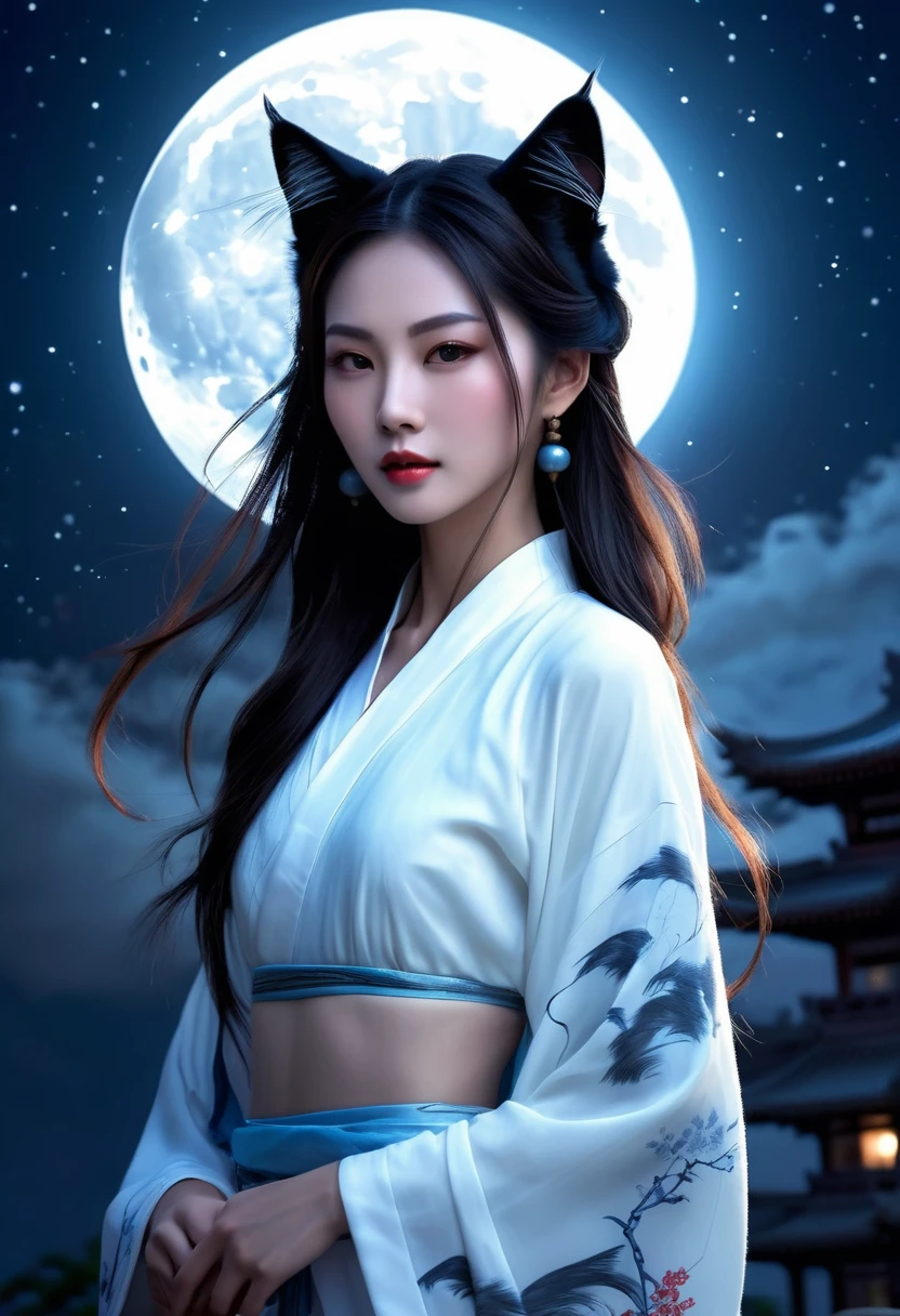 Apparition ,Girl, Cat ear, Beautiful oriental woman, Moonlit Night Background , Realistic Women, lovely
