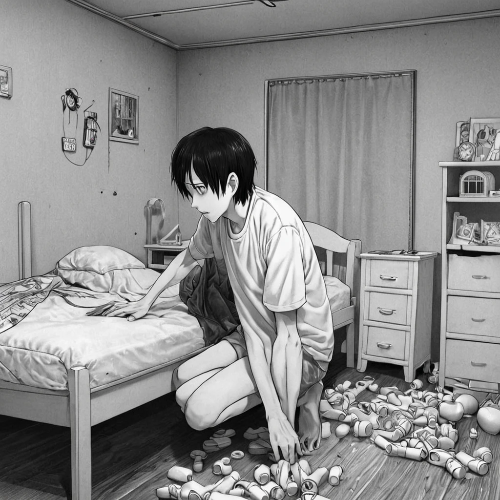 boy, white toys room (anime), bizarre scenario, This is Junji, Yusuke Murata, black and white, 8K, anime, horror