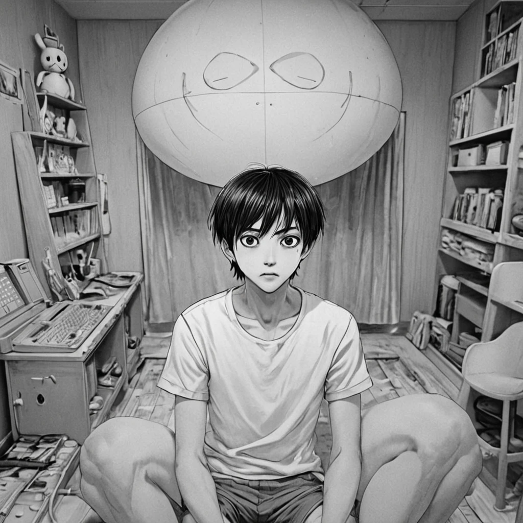 boy, white toys room (anime), bizarre scenario, This is Junji, Yusuke Murata, black and white, 8K, anime, horror