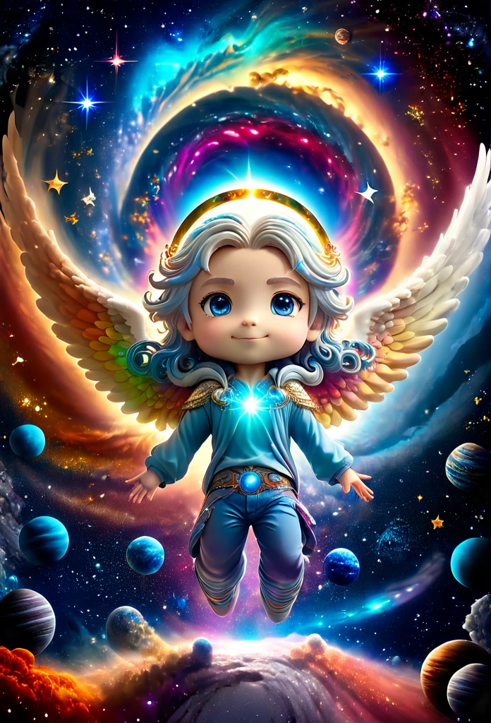 3D chibi anime style, Full body man, YOUNG, light skinned, with light blue eyes and long hair, wearing modern clothes. He has an angel halo with unusual shapes above his head and is floating in space. In the background there are bright stars, spiral galaxies and several planets of different sizes and colors. Make sure the hands have good details.