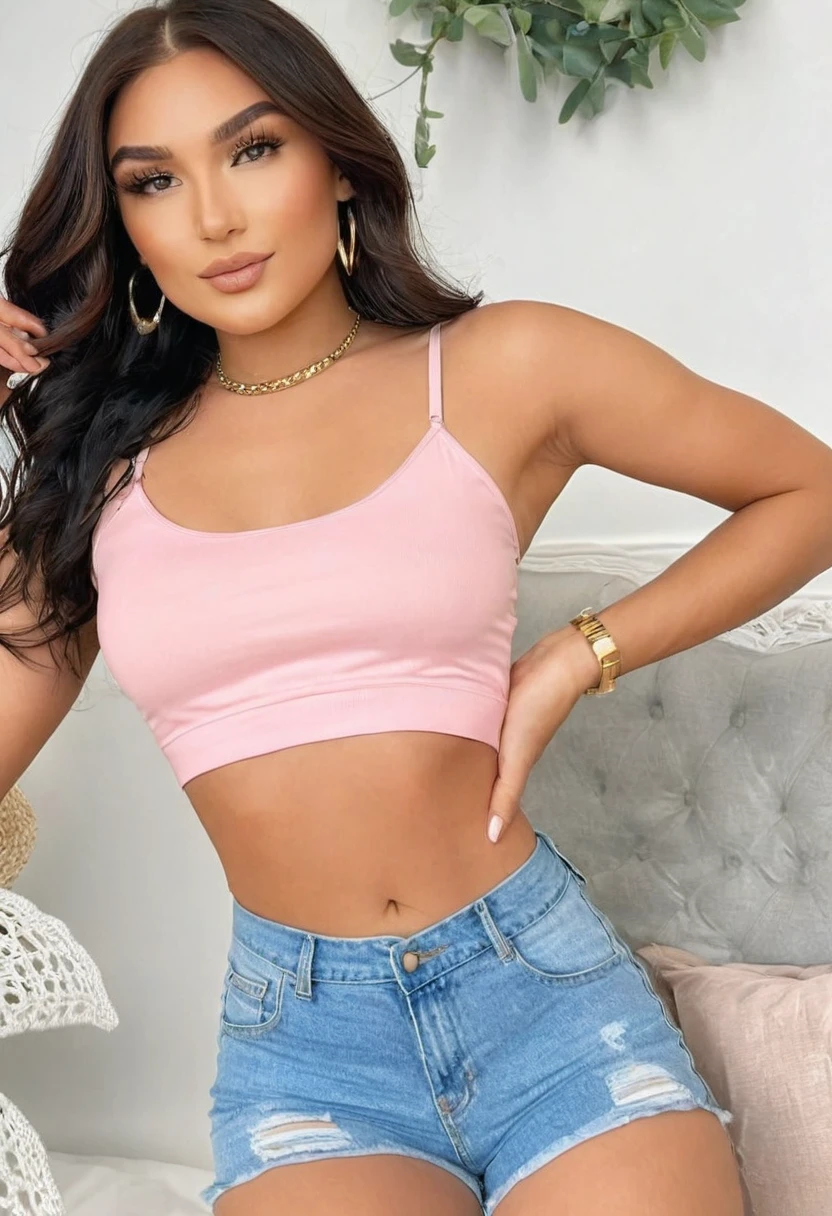 Create an ultra-realistic image of a modern, attractive female influencer of Indian descent, aged between 27 to 30. She should have a warm and inviting smile, expressive almond-shaped eyes with a slight shimmer, and clear, glowing skin with a medium brown complexion. Her features should be well-defined, with high cheekbones and a sharp jawline. Her hair should be long, thick, and styled in an upsweep, reflecting a healthy and active lifestyle. She should have a slender yet athletic build with an increased bust size.

She is wearing a black mini skirt and a pink shirt, paired with stylish black leather boots that add elegance to her look. She accessorizes with subtle yet chic jewelry, such as small hoop earrings and a few thin bangles.

The background should depict her exploring a vibrant location in Gujarat, India, perhaps with cultural landmarks or a bustling street scene, suggesting a cosmopolitan lifestyle. The image should be taken from the back, capturing her confident and adventurous spirit as she explores the area. Her overall appearance should exude confidence, approachability, and sophistication, capturing the essence of a contemporary Indian fashion influencer.