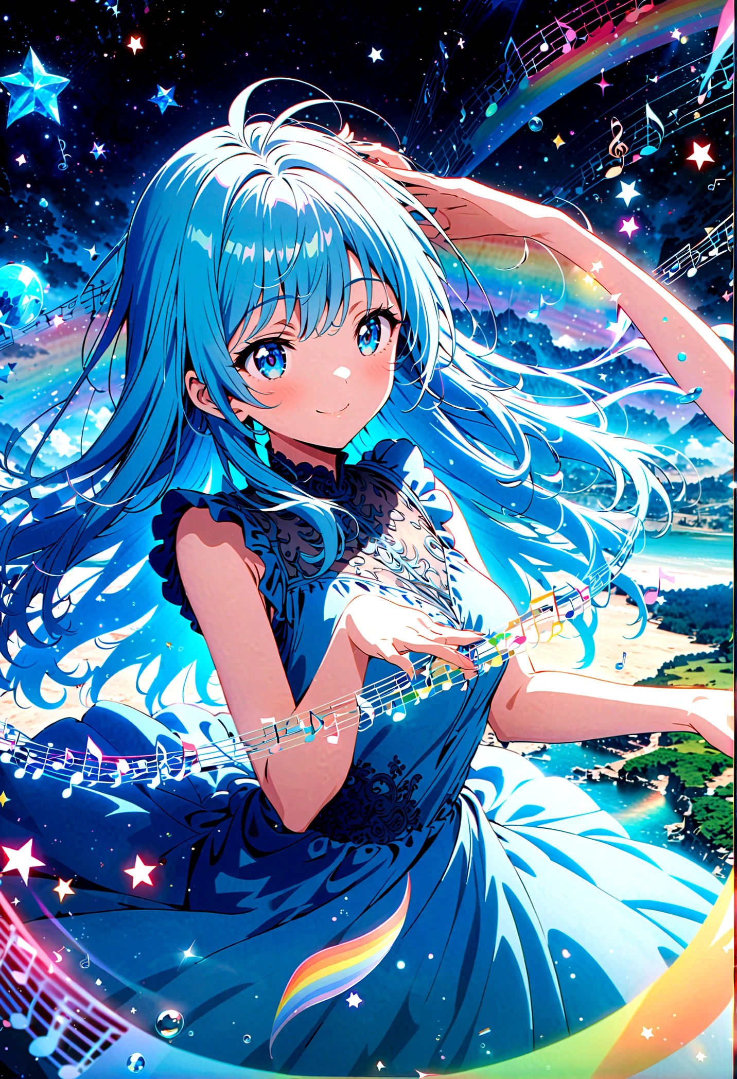 Anime style, ultra-detailed, 8K CG, blue-haired girl, smile, blue world, mysterious blue objects floating, star, (musical note), rainbow, blue dress, reflection, rainbow-colored water dancing around her. Rotating rainbow-colored water.