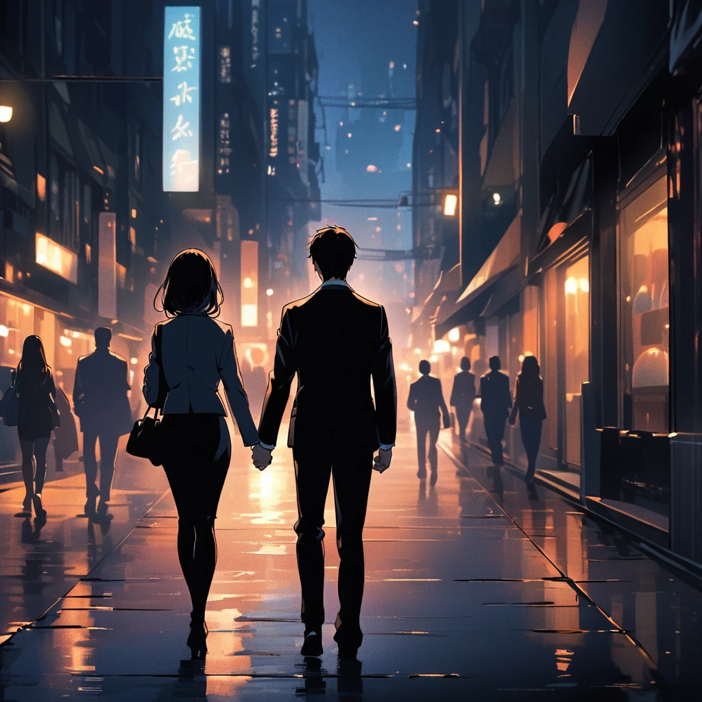 Back view of a couple in suits walking hand in hand through the city at night、The woman is wearing a skirt suit、length, Black Hair.
