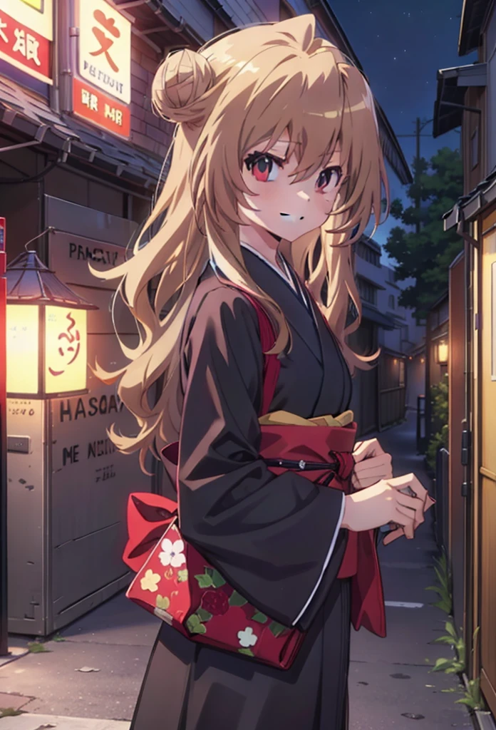 taiga aisaka, taiga aisaka, Long Hair, Brown Hair, Brown eyes,happy smile, smile, Close your mouth,Hair Bun, single  Hair Bun,Black kimono,Thick sleeves,,Japanese Festivals,Summer festival food stalls,Red lantern,night,As if your whole body is in the illustration,Walking,　　　　　　　　　　　　　　　  break looking at viewer, Upper Body (Cowboy Shot:1. 5),  　　　　　
break outdoors, Area,
break (masterpiece:1.2), Highest quality, High resolution, unity 8k wallpaper, (shape:0.8), (Beautiful attention to detail:1.6), Highly detailed face, Perfect lighting, Highly detailed CG, (Perfect hands, Perfect Anatomy),