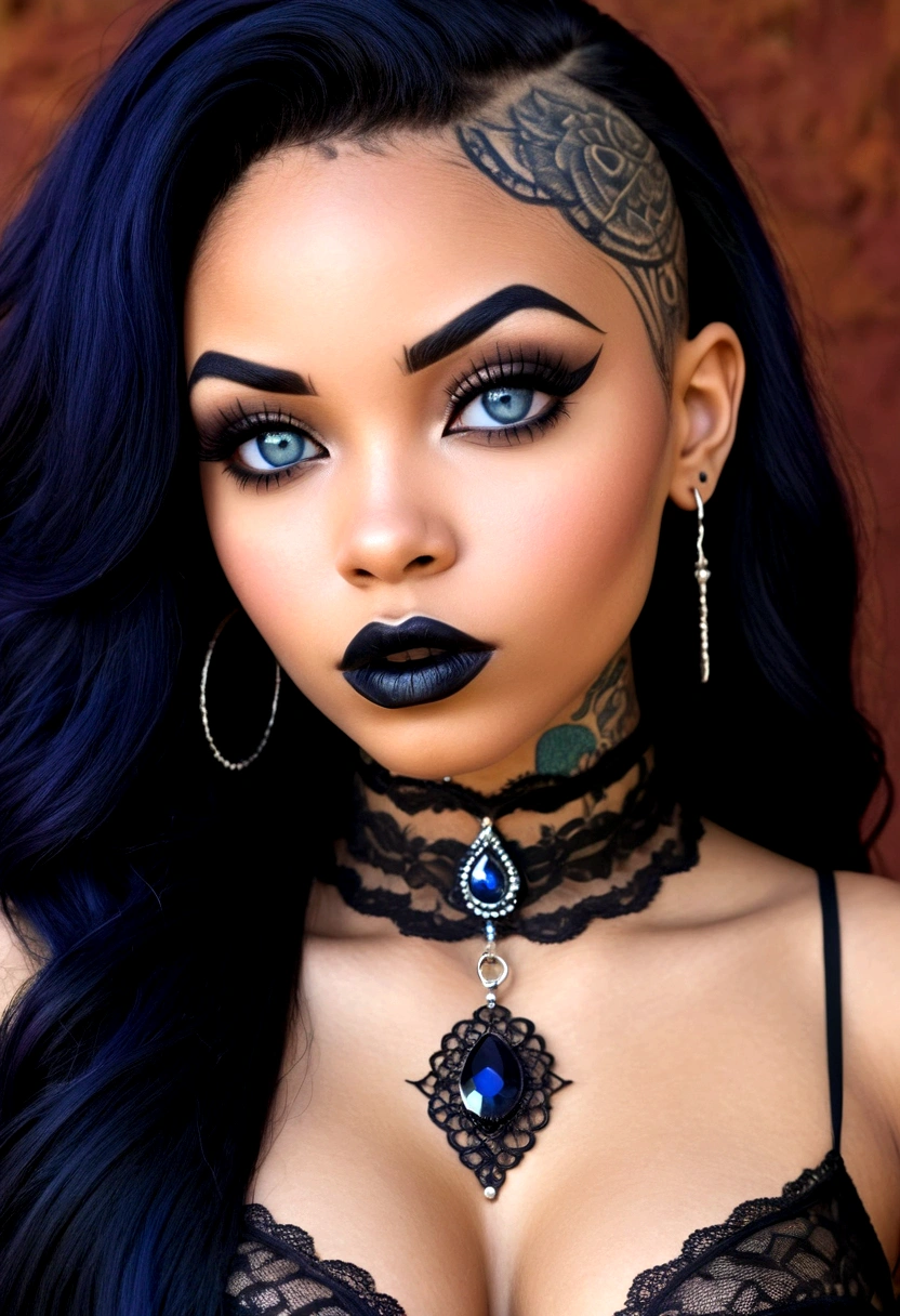 Create a photo realistic hyper realistic heavily tattooed young adorable goth african girl, beautiful perfect face, vibrant sapphire eyes, thin curved black eyebrows, long luscious eyelashes, black eyeliner, black eye shadow, puckered curved lips, thick black lipstick, long natural african hair, black lace choker collar, voluptuous curved body, black lingerie, black thong,