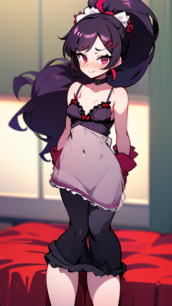 high tail hairstyle, Ponytail hairstyle, Long wavy black hair, standing posing, anime girl style, pixel art anime style,penetrating look with deep eyes,red and purple eyes, hair with a ponytail hairstyle trapped with a big red bun, Women, red hair clips, x color shaped hair clips , smiling face blush, next to his bed , lingerie, sexy maid costume, , Black hair, 