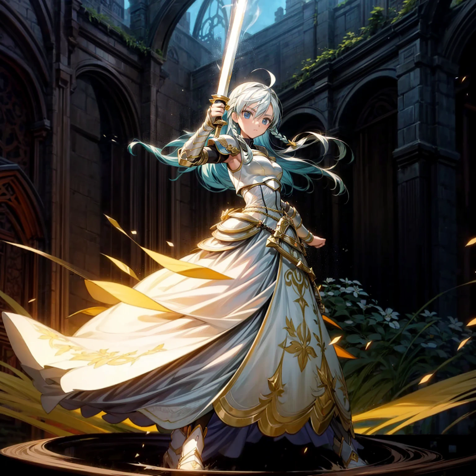 1girl, Full body version, 1character, girl version, blue eyes color, long haircut, (white colour hair), formal style clothing, medieval gold armour, one gold sword in hand, Grassroots, background in green field, motion blur, battle gesture, lighting sword, smoke, fire lighting, fire, masterpiece, (Hunter x Hunter style)