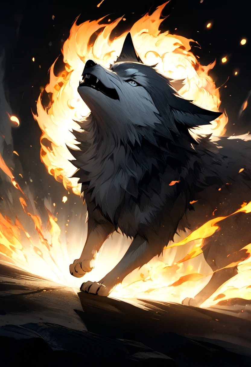 Highest quality, Super quality, 16K, Incredibly absurd, Very detailed, 2.5D, Delicate and dynamic depiction, black and white wolf、Fireballs all around、mysterious