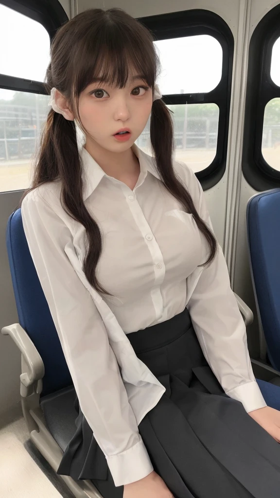 Of Japanese10Teenage Girls。A round face with plump cheeks makes you look young。The eyes are slit and long.、expression is dark。The mouth is large、The lips are thick。Wearing a simple black suit。Not pants、Wearing a black tight skirt。He wears a white curler shirt under his suit。Accentuates natural, large breasts。Shirt buttons4More than one open。Her hairstyle is a ponytail with bangs and long sideburns.。Tied with a red ribbon。Wearing a scrunchie on her left wrist。Train seats in the background。Sitting in your seat、legs wide open。Both hands are tucked between the legs。