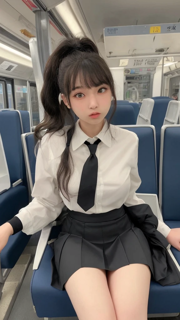 Of Japanese10Teenage Girls。A round face with plump cheeks makes you look young。The eyes are slit and long.、expression is dark。The mouth is large、The lips are thick。Wearing a simple black suit。Not pants、Wearing a black tight skirt。He wears a white curler shirt under his suit。Accentuates natural, large breasts。Shirt buttons4More than one open。Her hairstyle is a ponytail with bangs and long sideburns.。Tied with a red ribbon。Wearing a scrunchie on her left wrist。Train seats in the background。Sitting in your seat、legs wide open。Both hands are tucked between the legs。
