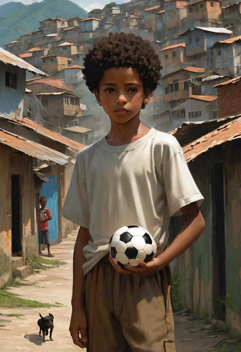 A poor Afro-Brazilian boy in a favela in Rio de Janeiro Brazil drawn by Todd McFarlane and Greg Capullo, he is wearing old and torn clothes, he is playing with a soccer ball and his little dog, a favela in the background, Robert Downey Jr Reference., engine unreal, octane rendering, por Jacob Lawrence e Francis Picabia, perfect composition, beautiful detailed intricate insanely detailed octane rendering trending on artstation, 8k art photography, photorrealistic concept art, soft natural volumetric cinematic perfect light, Bright dark, rewarded photography, work of art, oil on canvas, rafael, caravaggio, Greg Rutkowski, beetle, Beksinski, giger, beautiful perfect face with perfect face, the detail, highy detailed, photo realist