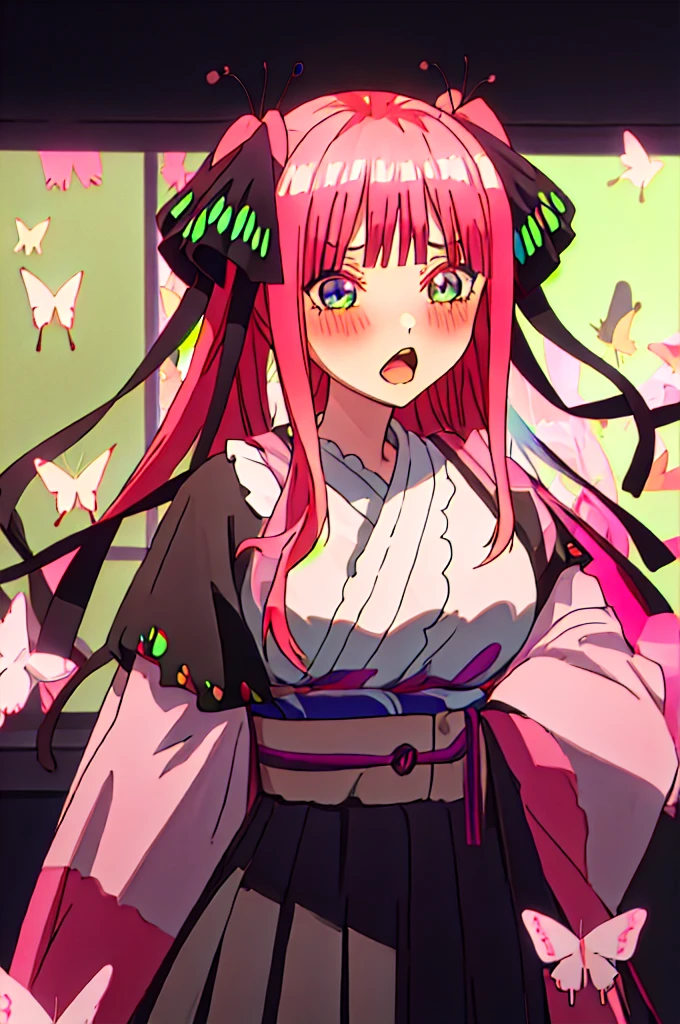 Highest quality, masterpiece, High resolution, 一人in, {Nakano_nino_gotoubunnohanayome:1.15}, 前hair, pink_hair, dull_前hair, hair_ornament, butterfly_hair_ornament, ribbon, black_ribbon, green_eye, blush, hair_ribbon, Twin tails, length_hair, One girl, Looking_in_Audience, Open_mouth