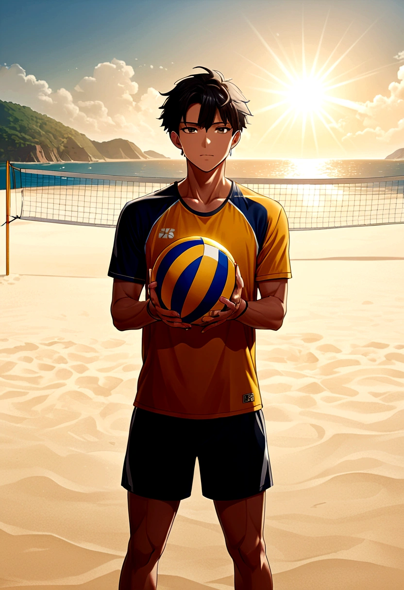 (Beach Volleyball player), volleyball player stands on the beach, with sunlight shining on his tightly held arms and face. He looks very focused and always ready to serve. The background is a golden beach and an endless sea, and the color tone of the picture is soft, giving a sense of tranquility, full body, (Photography), panoramic view, award-winning, cinematic still, emotional, vignette, dynamic, vivid, (masterpiece, best quality, Professional, perfect composition, very aesthetic, absurdres, ultra-detailed, intricate details:1.3)