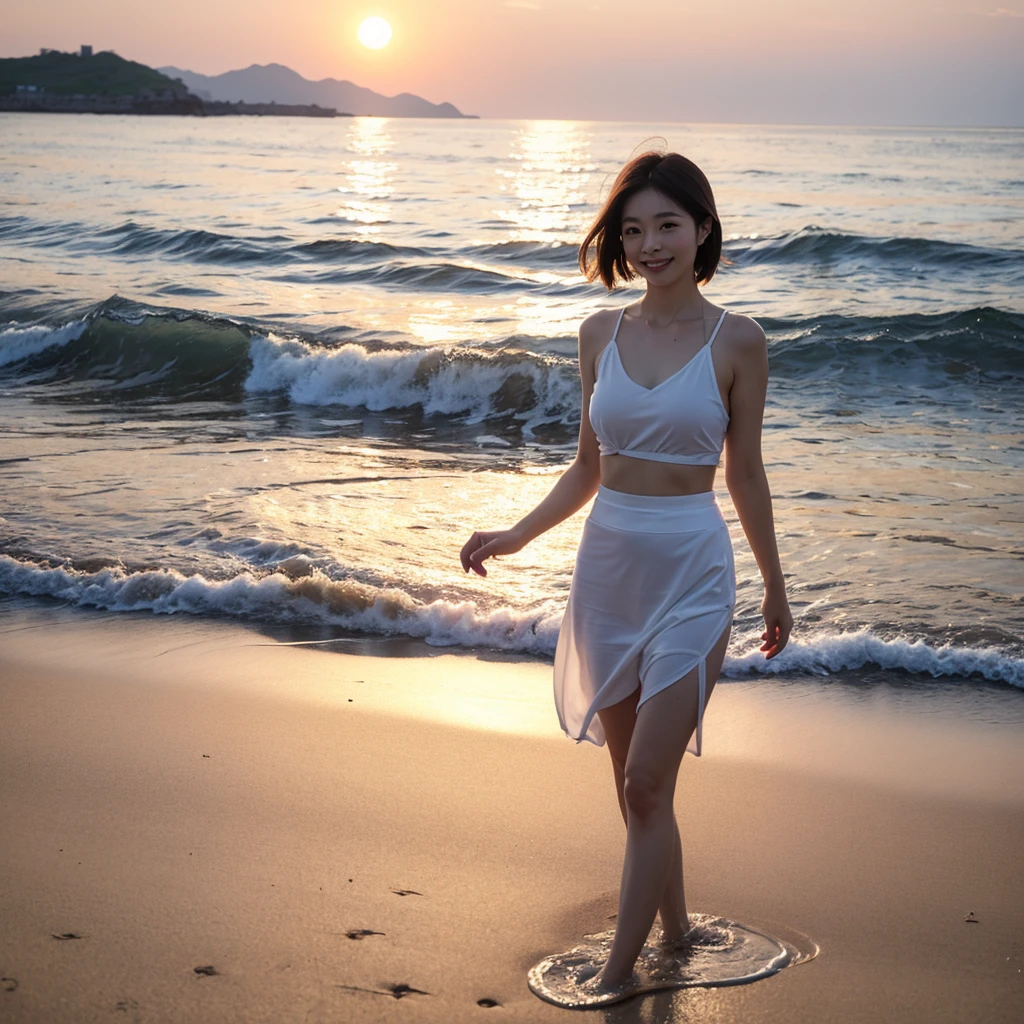 8K, sunset red sun on the beach，A strong lingering scent is reflected in the sea., Beautiful 36-year-old short Korean woman, Chest size 34 inches, Wear sleeveless, light and short white skirt. beautiful pretty woman look , wearing a light skirt , Go far into the sea water and dip your toes., Short medium hair blowing in the wind, 1 woman, beautiful eyes, a little smile, Full-body photo taken from afar with a wide-angle lens, Danang Beach in Vietnam with clean and perfect background, the waves are coming, The picture quality is very clear and clear