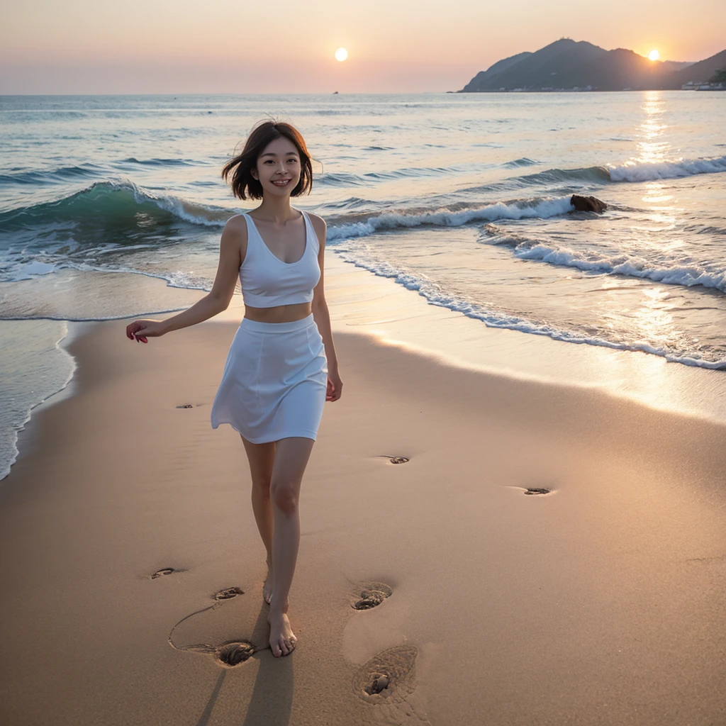 8K, sunset red sun on the beach,A strong lingering scent is reflected in the sea., Beautiful 36-year-old short Korean woman, Chest size 34 inches, Wear sleeveless, light and short white skirt. beautiful pretty woman look , wearing a light skirt , Go far into the sea water and dip your toes., Short medium hair blowing in the wind, 1 woman, beautiful eyes, a little smile, Full-body photo taken from afar with a wide-angle lens, Danang Beach in Vietnam with clean and perfect background, the waves are coming, The picture quality is very clear and clear