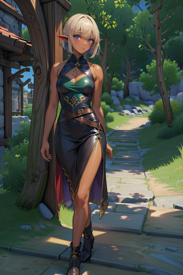 masterpiece, absurdres, 1girl, cowboyshot, tachi-e, mature woman, best aesthetics, small breasts, narrow hips, thin thighs, dark hair, narrow eyes, slanted eyes, brown skin, knee-length dress, round nose, very detailed face, clean lines, dynamic pose, anatomically correct, hyperdetailed, forest atmosphere, beige eyeshadow, clean makeup, violet eyes, detailed hair, sparkling eyes, nature, magic, fantasy, medieval, high fantasy, leather leggings, comfy, cozy, tsurime eyes, SFW, tunic dress, arms by side, outdoors, trees in background, simple bob haircut, messy bangs, hair framing face, straight hair, elf, adult woman, brown dress, green vest, inked comic, comic art, ankle boots, cell shading, cartoon style, tanned skin, broad shoulders, leather satchel, forest mage, dark skin