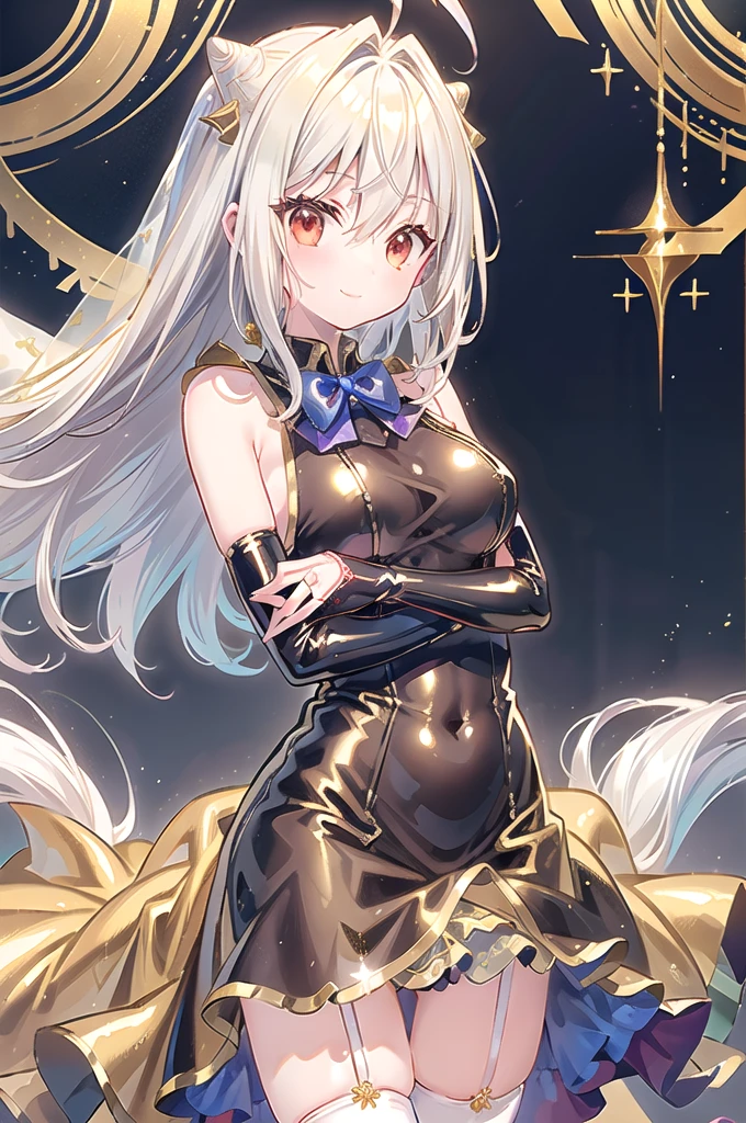 1girl,solo,cowboy shot,(gold wedding dress:1.6),standing,(white hair:1.4),long hair,cone hair bun,hair ornament,hair intakes, ahoge, bangs,(red eyes:1.3),(beautiful fingers:1.4),(perfect anatomy:1.4),(arms_behind_back:1.6),(cold_shoulder:1.2),BREAK,(leather lace glossy silk lamé:1.4),(latex luster shiny glossy:1.6),(shiny_clothes:1.6),medium breasts,beautiful breasts,masterpiece,best quality,(Ultra high definition eyes:1.2),8k,(Beautiful detailed eyes:1.2),(Fine and beautiful eyes:1.2),(pretty eyes:1.2),finely detail,extremely CG, absurdres,high resolution,illustration,Detailed and beautiful outlines,finely detail,high resolution,(colorful refraction:1.4,Increase saturation:1.2),beautiful lighting,dynamic lighting,closed room,black background,simple background, smile,looking at viewer,BREAK, blue bowtie, (wedding gloves:1.2), garter straps,(gold thighhighs:1.4)