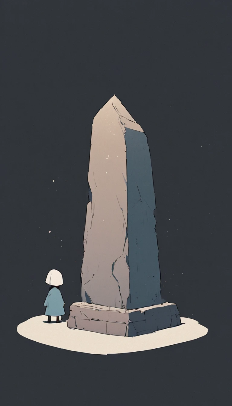 simple,Minimalist illustration,The huge sacred stone pillar and the tiny pilgrim