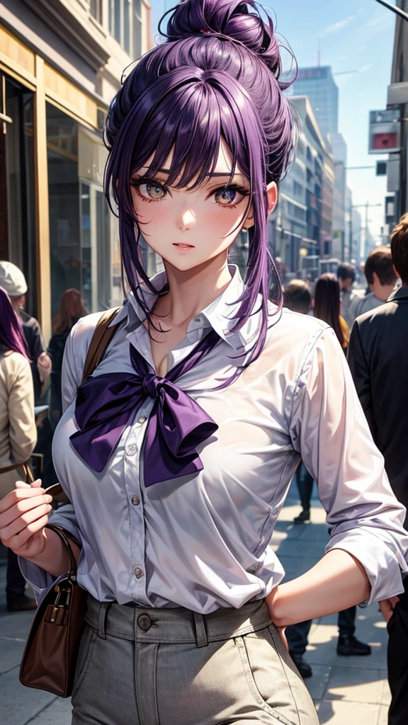 (masterpiece), best quality, expressive eyes, perfect face, purple hair, yellow eyes, women, white blouse, hair in a bun, black pants, one person, pretty, anime