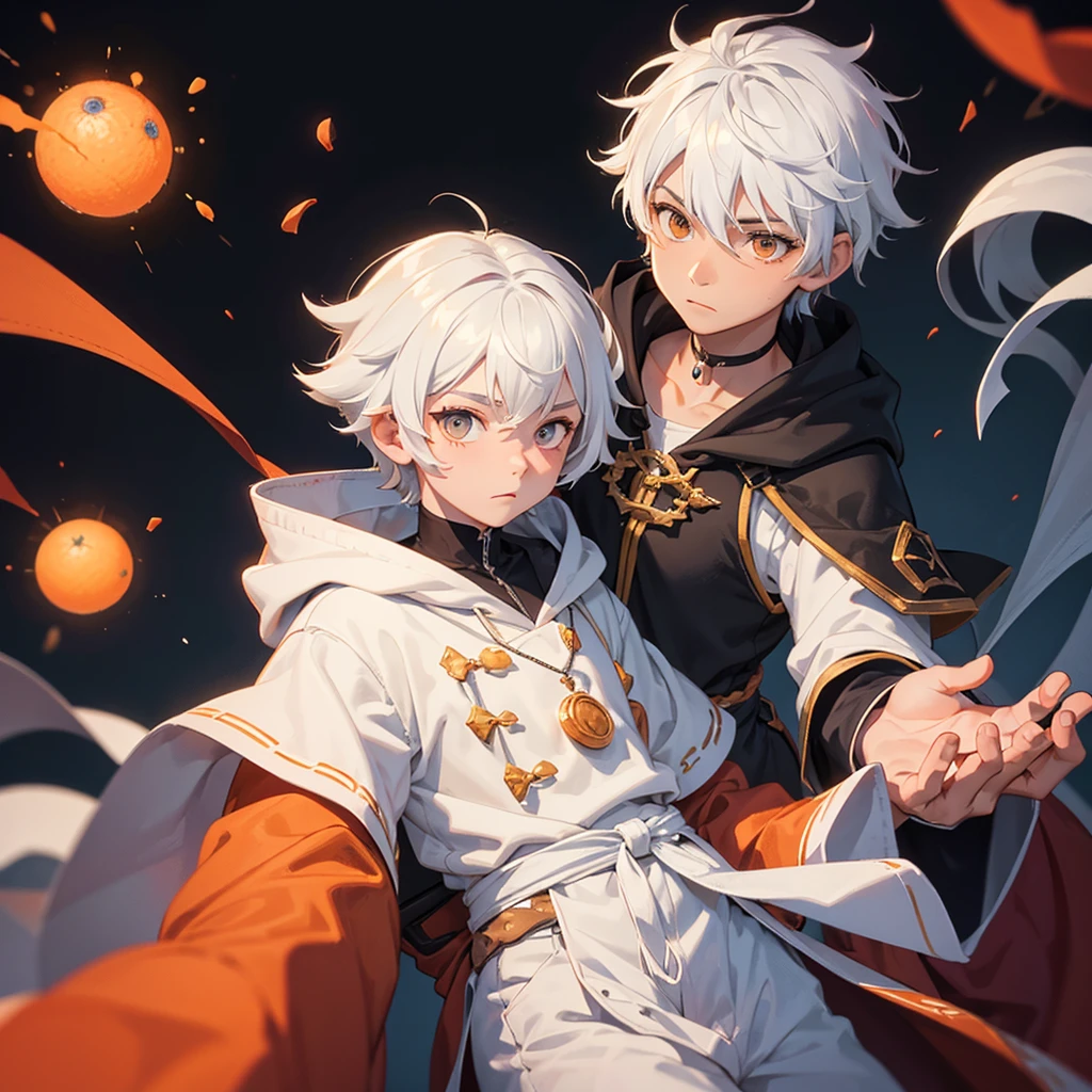 Create a boy, a 10 year old who has fluffy white hair, an orange wizard's cloak, an orange wizard's hat, a white tie and a very cute happy face and a very cute beautiful smile.