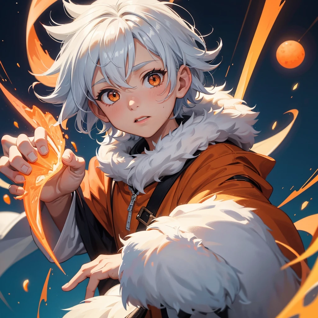 Create a boy, a 10 year old  who has fluffy white hair, an orange wizard&#39;s cloak, an orange wizard&#39;s hat, a white tie and a very cute happy face and a very cute beautiful smile.