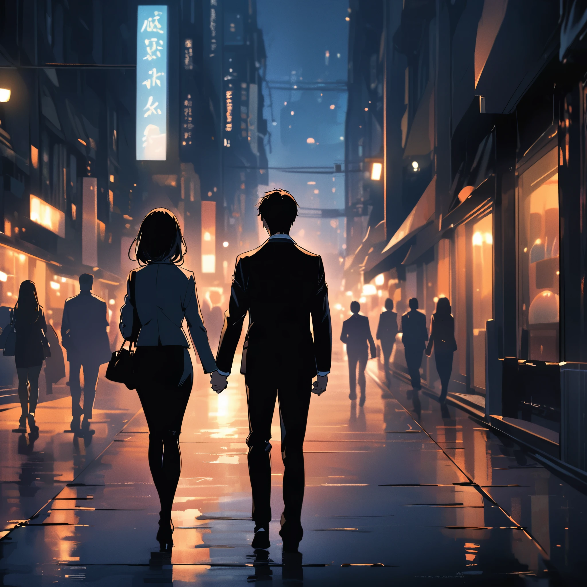 Back view of a couple in suits walking hand in hand through the city at night、The woman is wearing a skirt suit、length, Black Hair.