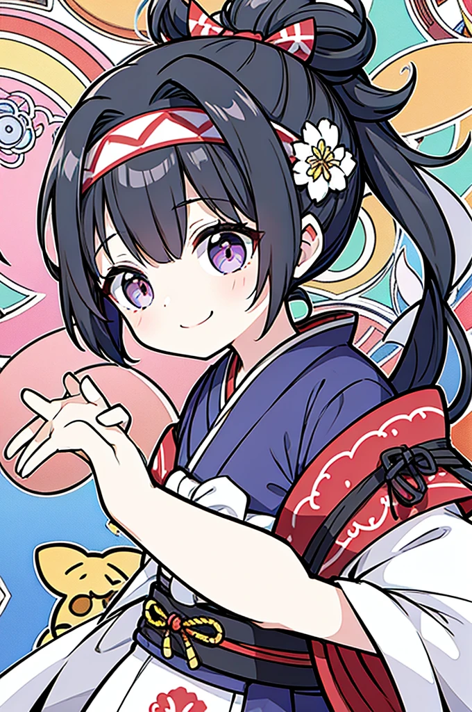 Chibi, best quality, paper doll, black paper shadow puppets, one girl, stained glass background, clockpunk, Andersen, Create a baby chibi version of the Alice character in an 8K resolution. A girl with a ponytail is wearing a kimono with a crane pattern, practicing kendo in a dojo, and wearing a headband as a hair accessory, It's sunny, Detailed eyes, clear outlines, kawaii pose, A smile, Raise your right hand, Eye Up, Laugh, radiant light, Taken from the side. She should look adorable and cute. Give him a smiling expression and a sweet smile on his face, capturing the essence of the character in a delicate and charming way.