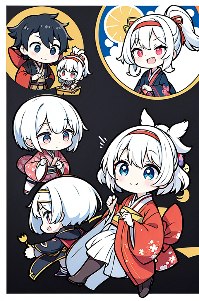 Chibi, best quality, paper doll, black paper shadow puppets, one girl, stained glass background, clockpunk, Andersen, Create a baby chibi version of the Alice character in an 8K resolution. A girl with a ponytail is wearing a kimono with a crane pattern, practicing kendo in a dojo, and wearing a headband as a hair accessory, It's sunny, Detailed eyes, clear outlines, kawaii pose, A smile, Raise your right hand, Eye Up, Laugh, radiant light, Taken from the side. She should look adorable and cute. Give him a smiling expression and a sweet smile on his face, capturing the essence of the character in a delicate and charming way.
