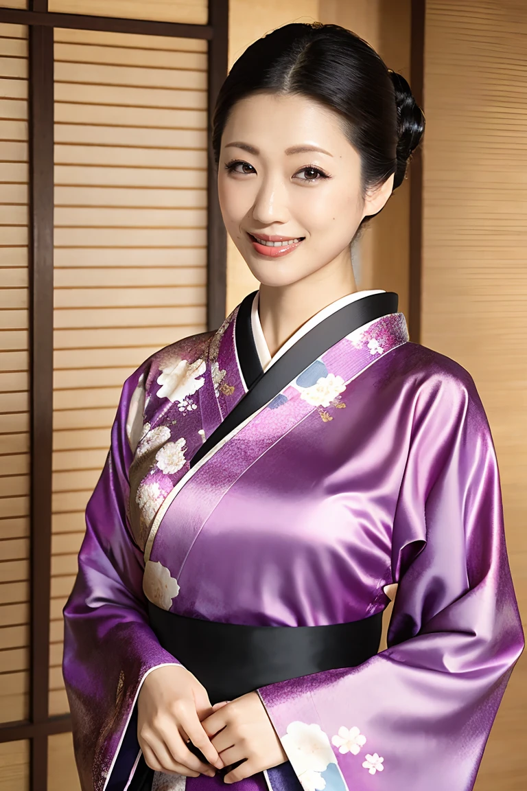 (Highest quality、Tabletop、8K、Best image quality、Award-winning works)、(One beautiful mature woman:1.1)、Adult face、(Innkeeper:1.1)、(A top-quality purple kimono with an elegant floral pattern:1.2)、(A kimono with a perfect and precise collar:1.2)、Perfect mature woman portrait photo、Glowing Skin、Standing Elegantly、(Blurred elegant and exquisite perfect Japanese style room background:1.3)、(The most natural and perfect tidy Japanese style room background:1.2)、(Strongly blurred background:1.2)、Glowing Skin、Very beautiful skin、(Accentuate your body lines:1.1)、(The most graceful posture:1.2)、(Large Breasts:1.2)、A perfect smile、Perfect beautiful glossy lips、(Accurate anatomy:1.2)、(A perfect and elegant outfit:1.1)、(Standing with good posture:1.1)、(Beautiful, high-quality patterned kimono:1.2)、、(Perfect and natural beautiful sleeves:1.2)、(A perfect and natural beautiful collar:1.2)、(Perfect and natural beautiful sleeves:1.2)、(The finest patterned kimono obi:1.4)、(A perfect and natural beautiful kimono obi:1.1)、(Chignon:1.2)