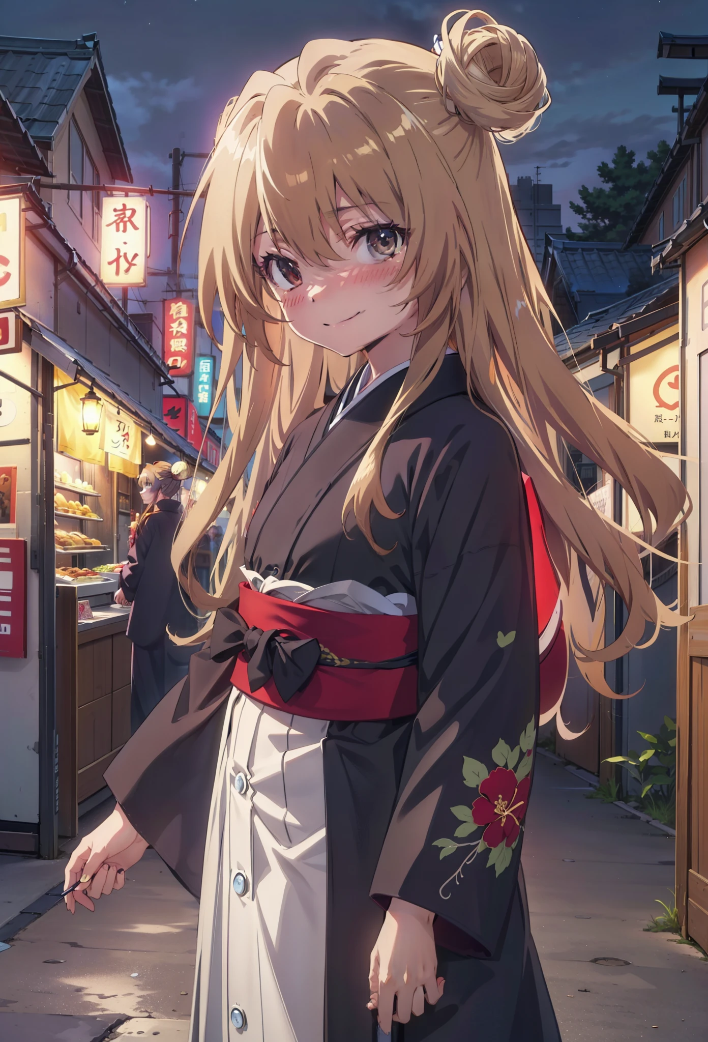 taiga aisaka, taiga aisaka, Long Hair, Brown Hair, Brown eyes,happy smile, smile, Close your mouth,Hair Bun, single Hair Bun,Black kimono,Thick sleeves,,Japanese Festivals,Summer festival food stalls,Red lantern,night,As if your whole body is in the illustration,Walking, break looking at viewer, Upper Body (Cowboy Shot:1. 5),
break outdoors, Area,
break (masterpiece:1.2), Highest quality, High resolution, unity 8k wallpaper, (shape:0.8), (Beautiful attention to detail:1.6), Highly detailed face, Perfect lighting, Highly detailed CG, (Perfect hands, Perfect Anatomy),