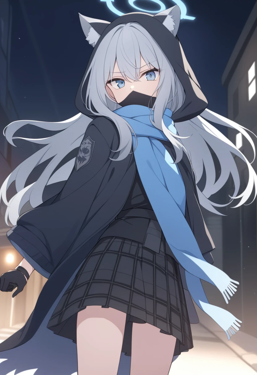 girl,Silver long hair, blue eyes, Draped in a black cloak,Wearing a black mask,A sky blue scarf, Black gloves, And black plaid skirt, On empty streets,Serious expression, blue halo,black hood,hood up,Gray wolf ears,night