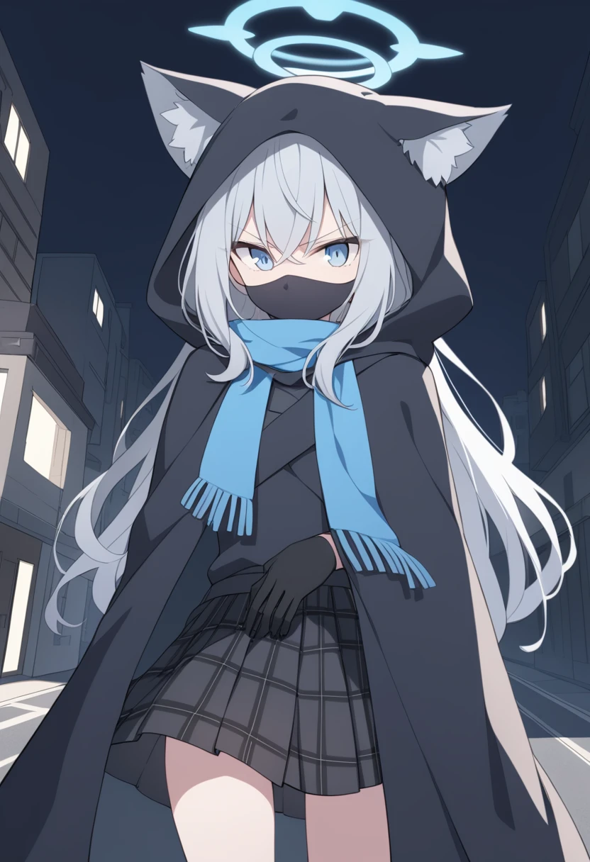 girl，Silver long hair, blue eyes, Draped in a black cloak,Wearing a black mask，A sky blue scarf, Black gloves, And black plaid skirt, On empty streets，Serious expression, blue halo，black hood，hood up，Gray wolf ears，night