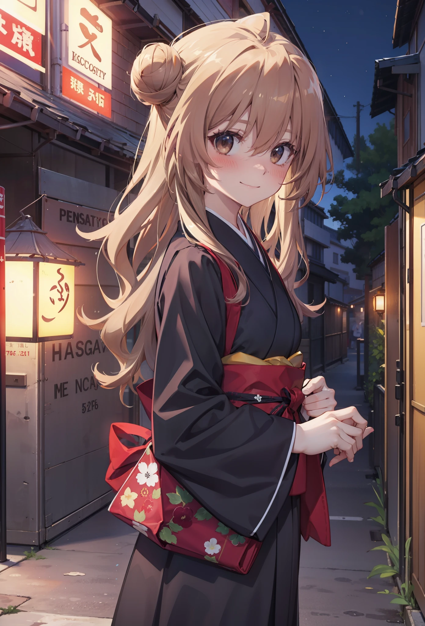 taiga aisaka, taiga aisaka, Long Hair, Brown Hair, Brown eyes,happy smile, smile, Close your mouth,Hair Bun, single  Hair Bun,Black kimono,Thick sleeves,,Japanese Festivals,Summer festival food stalls,Red lantern,night,As if your whole body is in the illustration,Walking,　　　　　　　　　　　　　　　  break looking at viewer, Upper Body (Cowboy Shot:1. 5),  　　　　　
break outdoors, Area,
break (masterpiece:1.2), Highest quality, High resolution, unity 8k wallpaper, (shape:0.8), (Beautiful attention to detail:1.6), Highly detailed face, Perfect lighting, Highly detailed CG, (Perfect hands, Perfect Anatomy),