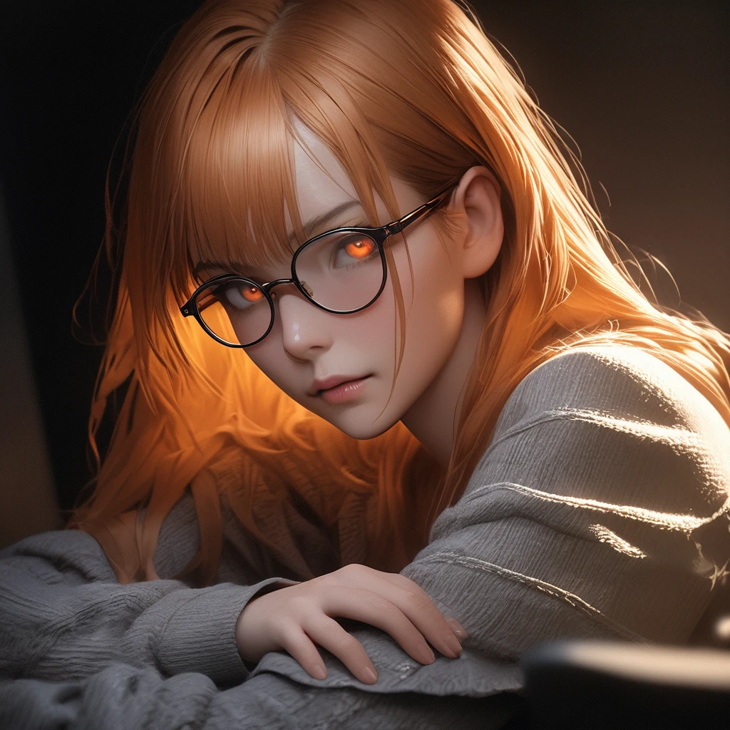 Best quality, masterpiece, ultra high res, (photorealistic:1.4), raw photo, 1boy, offshoulder, in the dark, deep shadow, low key, cold light, detailed skin, orange eyes, orange hair, upper body, glasses, long hair