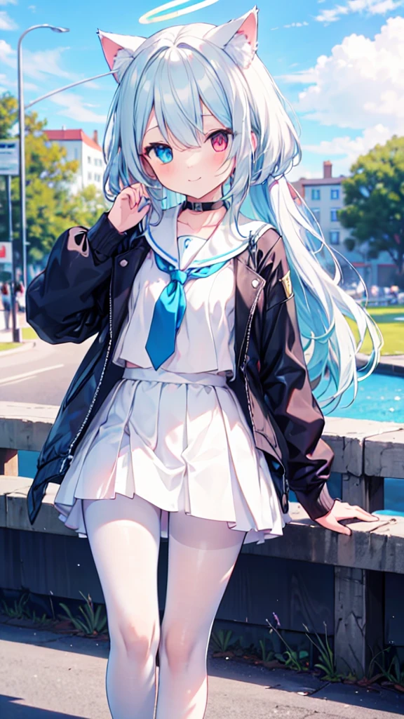 White hair,Cat ear,Long hair,Heterochromia(Left blue right yellow),Smile,There are bright spots in the eyes,flat chest,Sailor Suit,White skirt,White pantyhose,in the park,Alone,Blue tie,Cat tail,Blue Halo