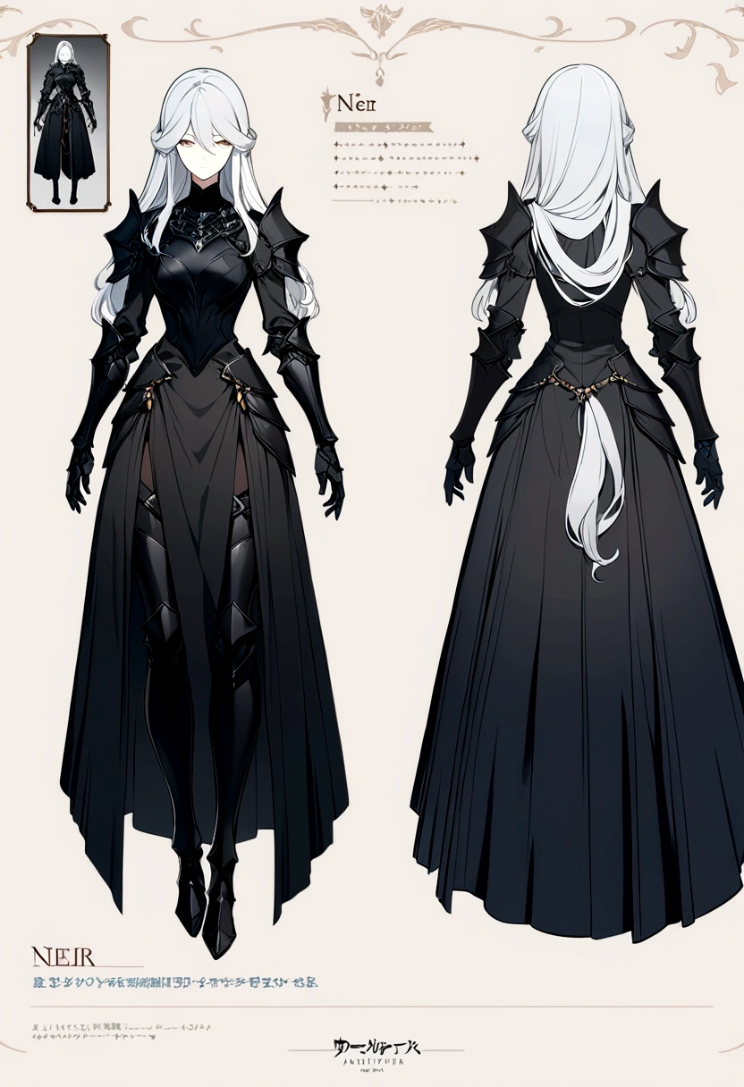 a picture of a woman in a black dress with a sword, pale black armor, flowing robes and leather armor, beautiful full body concept art, very stylish fantasy armor, dark fantasy character design, fashionable rpg clothing, detailed full body concept art, black armor, female armor, elegant armor, black armored uniform, black armour, nier automata concept artsyle