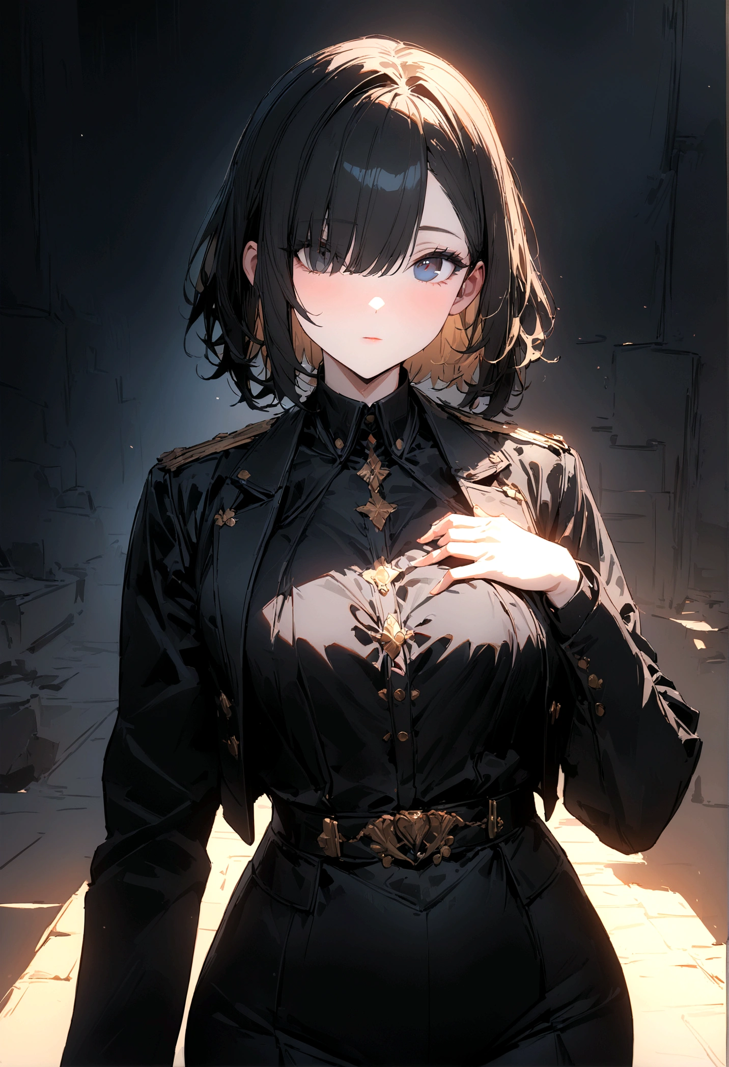 1 woman,masterpiece, (8K, best quality, masterpiece:1.2),very detailed,very detailed,master class,best quality,illustration,hair_~ between_eye,perfect lighting, cowboy shot, Resume 16,black jacket