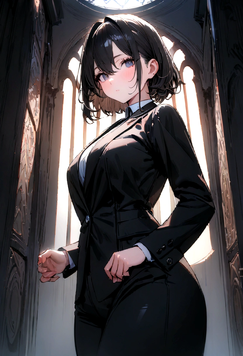 1 woman,masterpiece, (8K, best quality, masterpiece:1.2),very detailed,very detailed,master class,best quality,illustration,hair_~ between_eye,perfect lighting, cowboy shot, Resume 16,black jacket