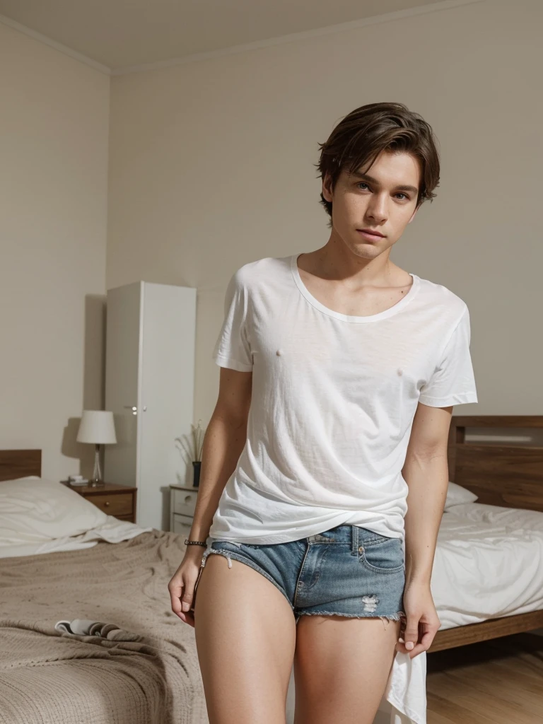 2. **Second image:**
- **Angle and position:** The photo is a direct shot, Frontal, with the person looking towards the camera.
- **Clothes:** The person is wearing a tight-fitting white short-sleeved t-shirt, with a gather in the center.
- **Around:** The photo is taken indoors, probably a room with a bed in the back.
- **characteristics:** The person has loose and naturally styled hair., with a serious expression on his face.
