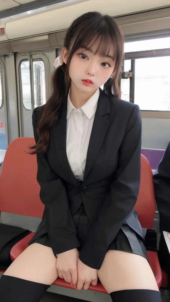 Of Japanese10Teenage Girls。A round face with plump cheeks makes you look young。The eyes are slit and long.、expression is dark。The mouth is large、The lips are thick。Wearing a simple black suit。Not pants、Wearing a black tight skirt。He wears a white curler shirt under his suit。Accentuates natural, large breasts。Shirt buttons4More than one open。Her hairstyle is a ponytail with bangs and long sideburns.。Tied with a red ribbon。Wearing a scrunchie on her left wrist。Train seats in the background。Sitting in your seat、legs wide open。Both hands are placed between the chest。