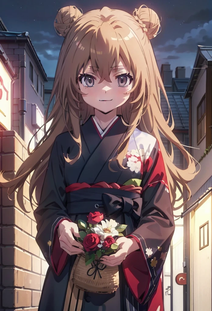 taiga aisaka, taiga aisaka, Long Hair, Brown Hair, Brown eyes,happy smile, smile, Close your mouth,Hair Bun, single  Hair Bun,Black kimono,Thick sleeves,,日本のfestival,夏festivalの屋台,Red lantern,night,As if your whole body is in the illustration,Walking,　　　　　　　　　　　　　　　  break looking at viewer, Upper Body (Cowboy Shot:1. 5),  　　　　　
break outdoors, festival,shrine,
break (masterpiece:1.2), Highest quality, High resolution, unity 8k wallpaper, (shape:0.8), (Beautiful attention to detail:1.6), Highly detailed face, Perfect lighting, Highly detailed CG, (Perfect hands, Perfect Anatomy),