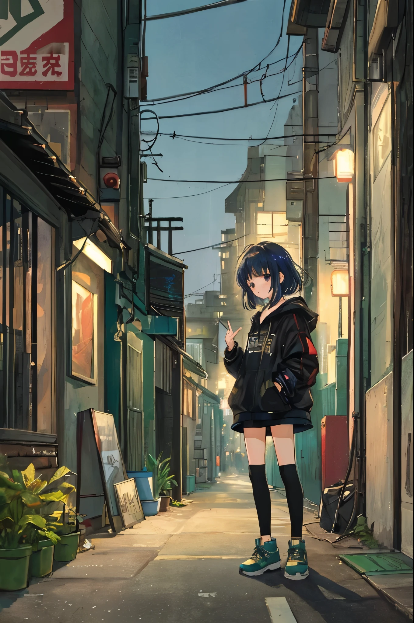 (masterpiece、Highest quality、Highest quality、Official Art、Beautiful and aesthetic:1.2)、Near future、Blade Runner、Slum Street、Late at night、Lo-fi Hip Hop、Cafe with small lights、Residential Street、silence、It&#39;s raining a little、